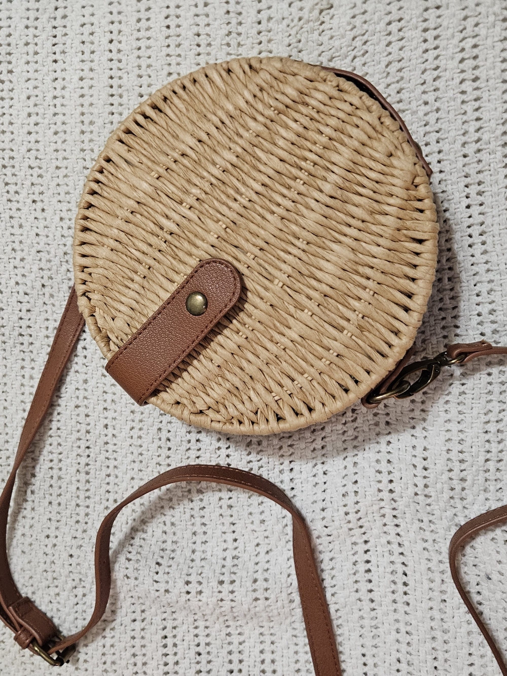 Natural Straw Round Crossbody with Brown Trim